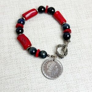 Handmade Dyed Red Coral with Vulcan 50 Lira Coin Charm